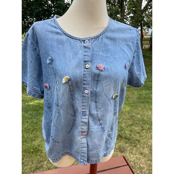 3D Vintage Floral Embroidered Denim Top L Lemon Grass Womens Y2K Button Up - Picture 2 of 9